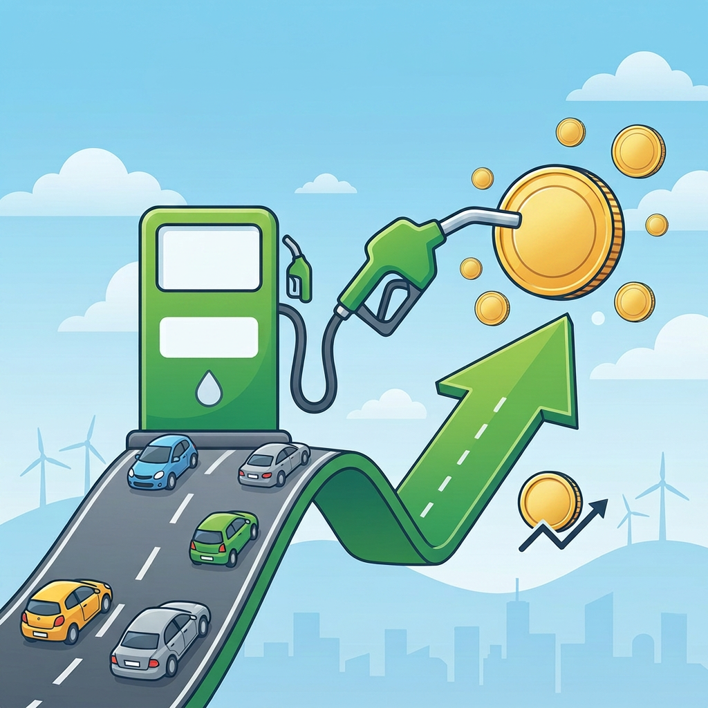 HMRC mileage rate increase illustration showing cars, fuel pump and rising costs