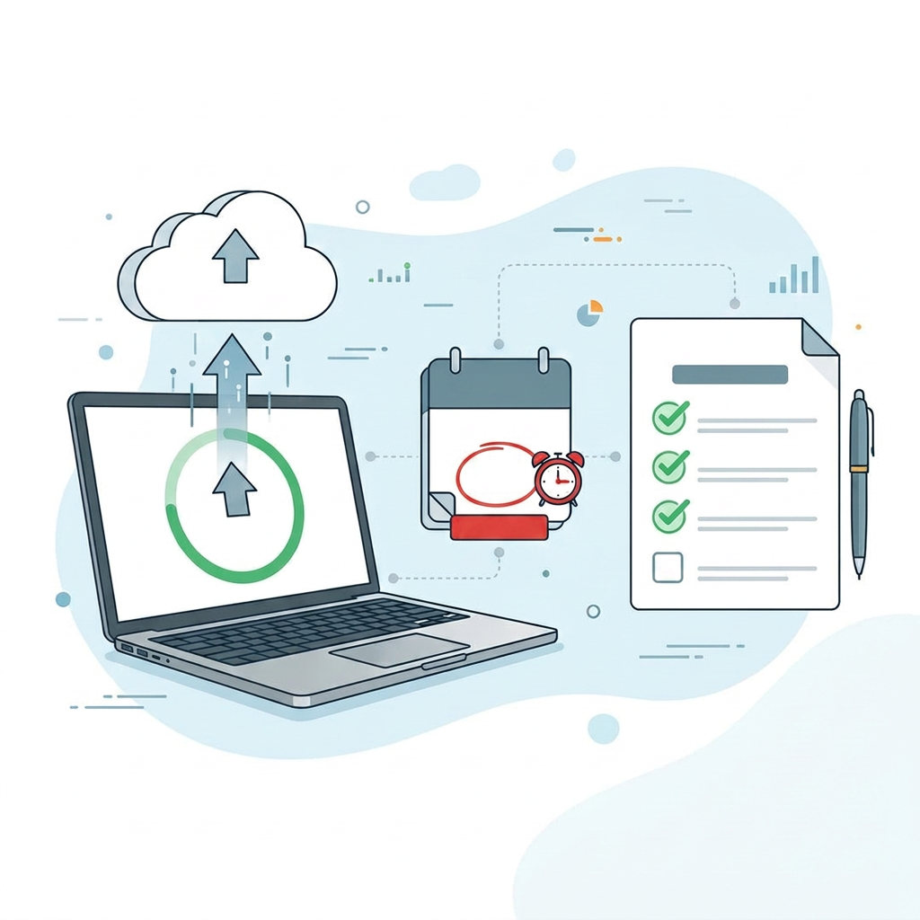Making Tax Digital quarterly update illustration with laptop uploading to cloud and checklist
